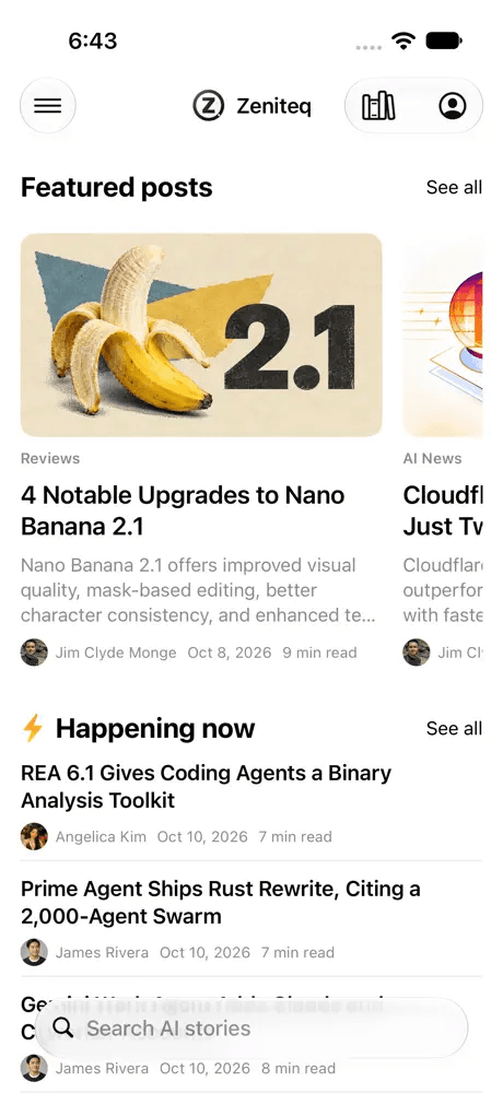 Zeniteq app home screen with featured posts and Happening now