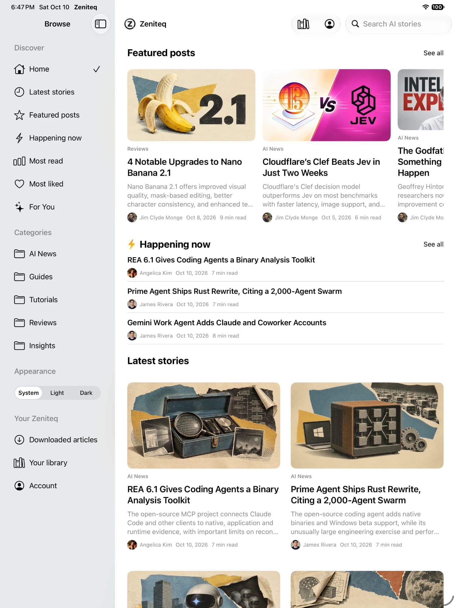 Zeniteq on iPad with the browse sidebar and featured posts