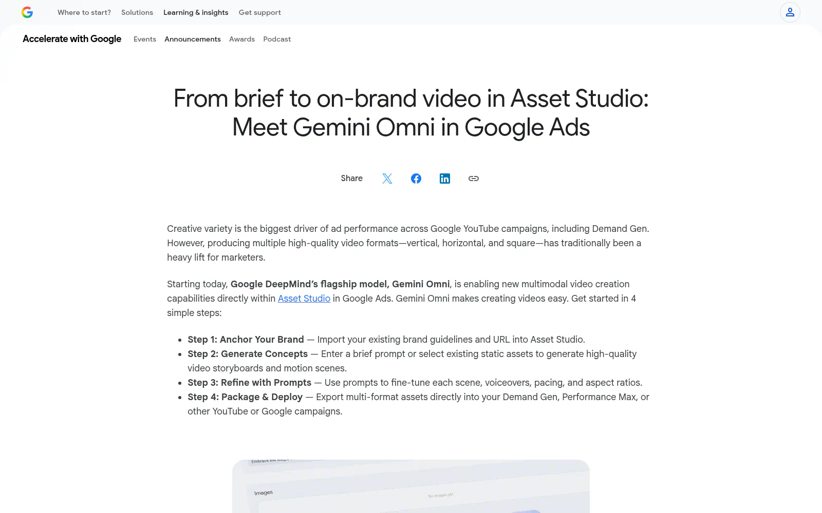 Show Gemini Omni's Asset Studio workflow for turning brand guidelines, URLs, prompts, and static assets into editable multi-format video ads.