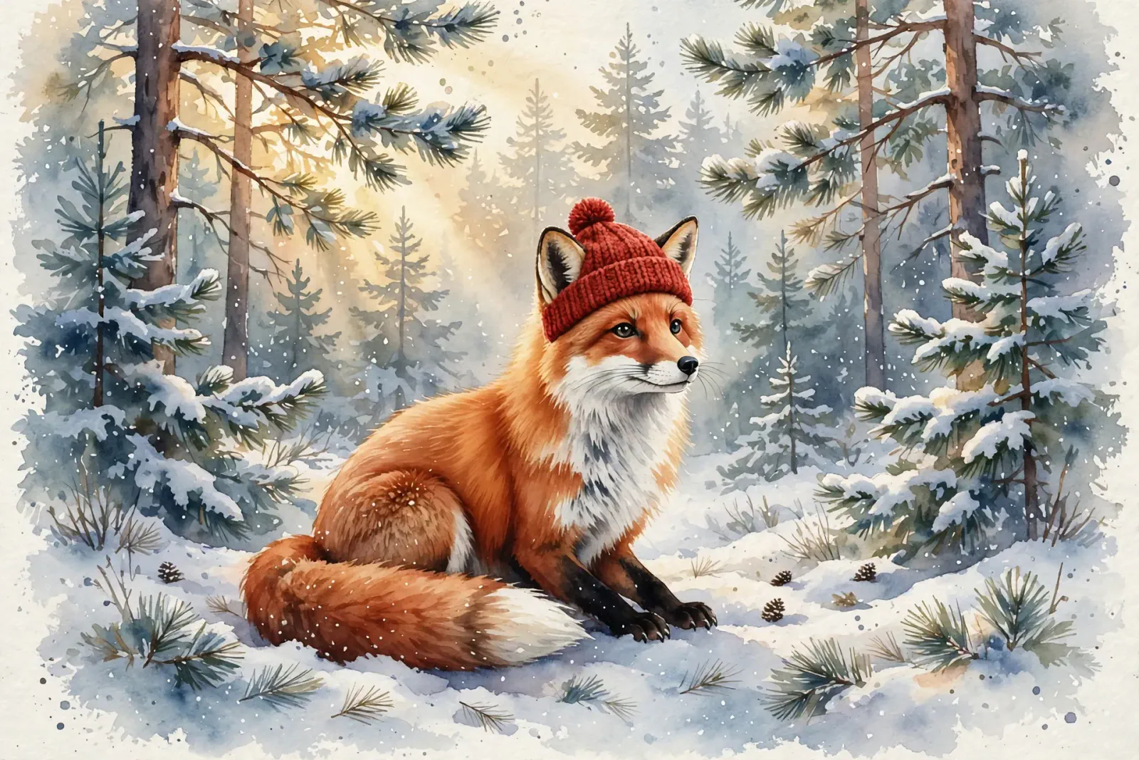 Fox with red wool hat - fox_hat.webp