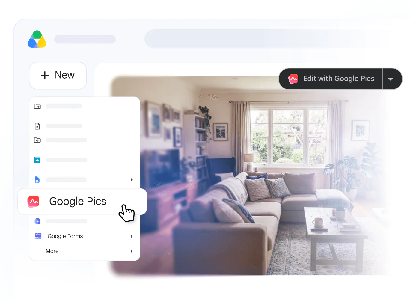 A Google Drive interface shows the “+ New” creation menu with “Google Pics” selected. In the background, an image preview of a furnished living room includes a top header button labeled “Edit with Google Pics”.
