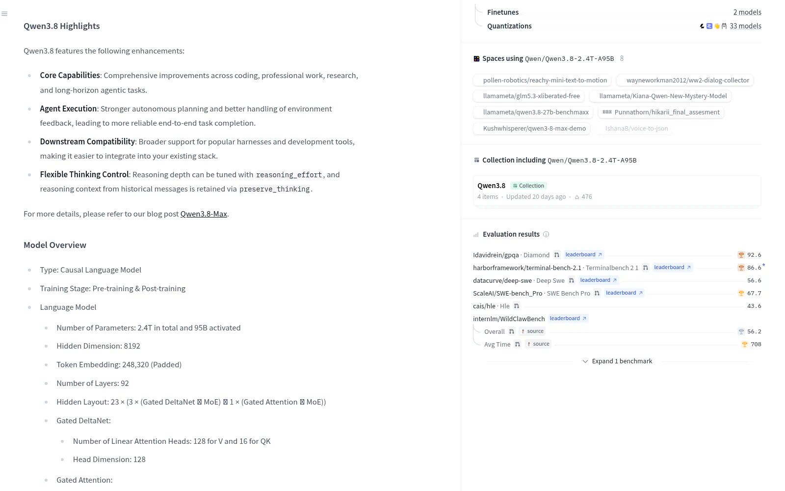 Show the official Qwen3.8-2.4T-A95B model card section documenting the 2.4 trillion total parameters, 95 billion activated parameters, mixture-of-experts configuration, and native versus extended context length.