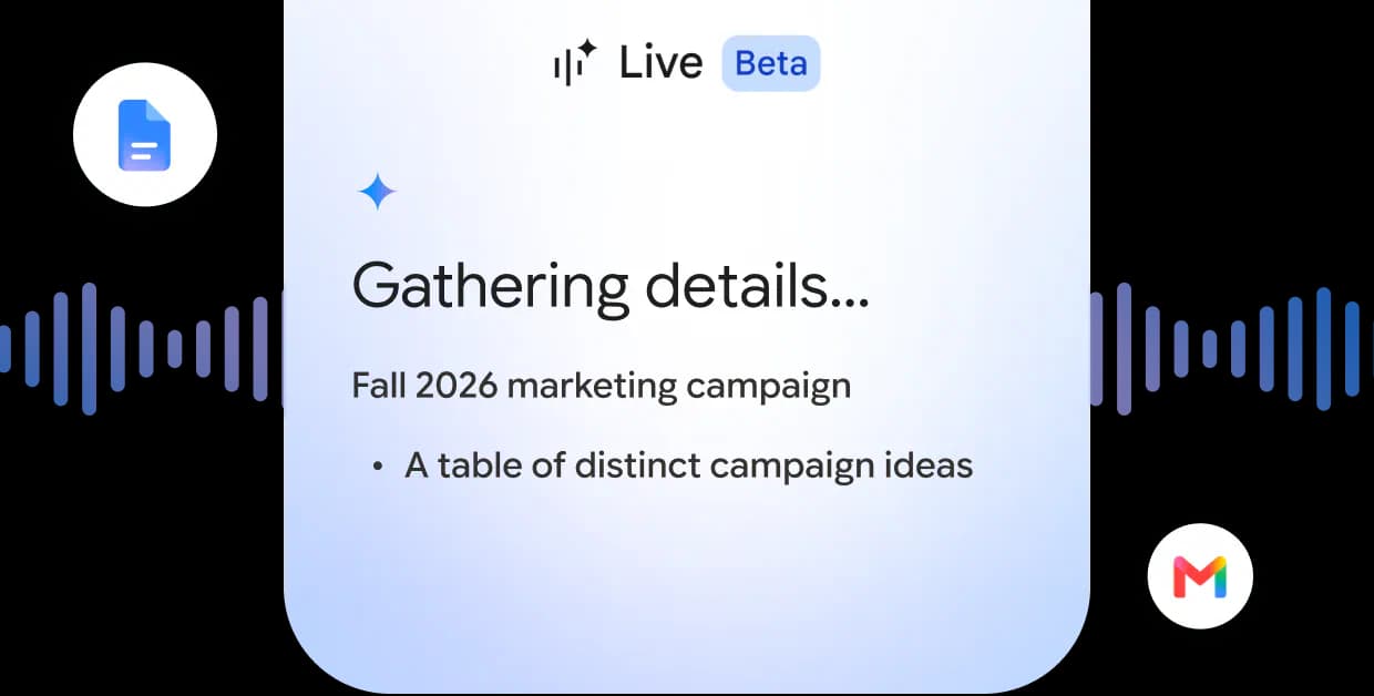 Gemini Live Beta interface gathering details for a marketing campaign, flanked by Google Docs and Gmail icons.