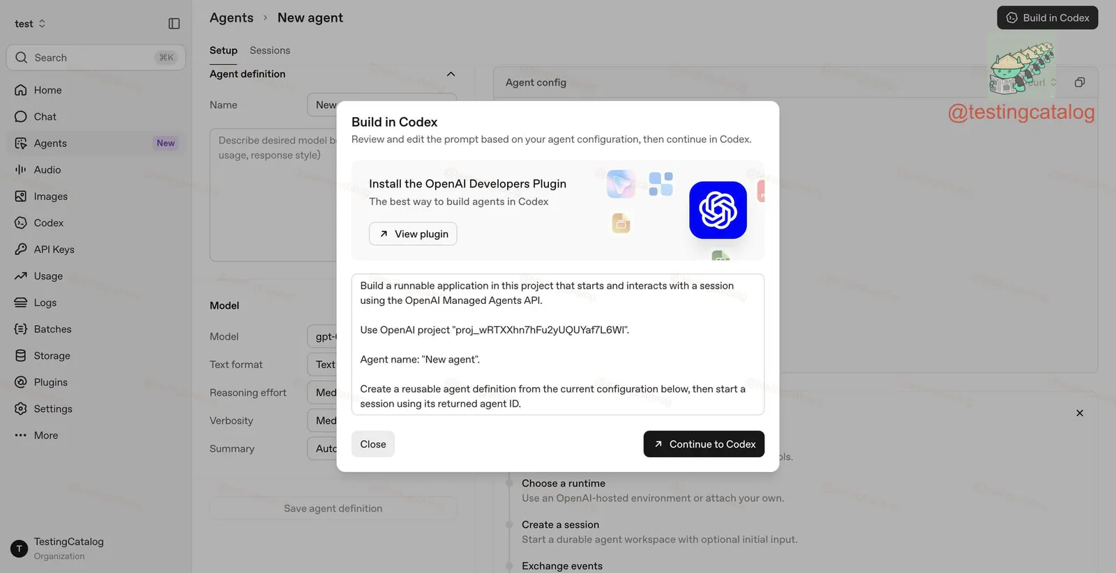 Reported OpenAI Developers plugin workflow for creating and configuring a managed agent through Codex.