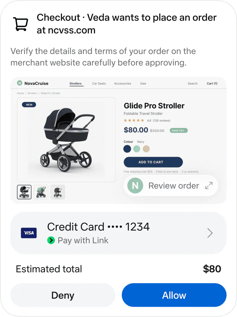 Muse checkout approval card showing human review before a purchase is completed.