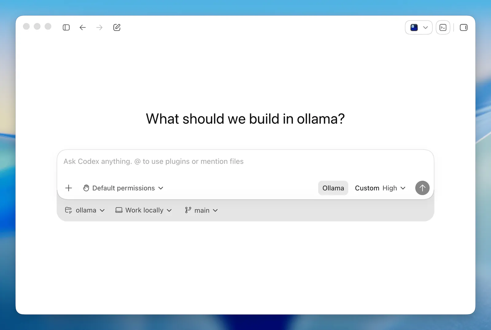 Codex App with Ollama selected