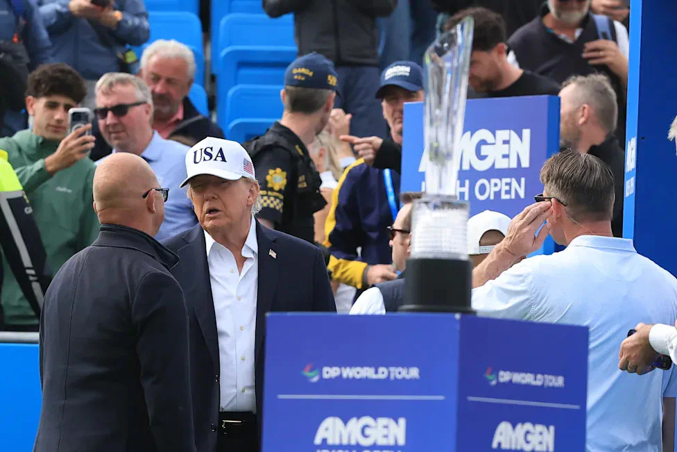 US President Donald Trump attends the Irish Open at the Trump International Golf Links & Hotel in Doonbeg, Co Clare, during his trip to the Republic of Ireland. Picture date: Sunday September 13, 2026. (Photo by Liam McBurney/PA Images via Getty Images)