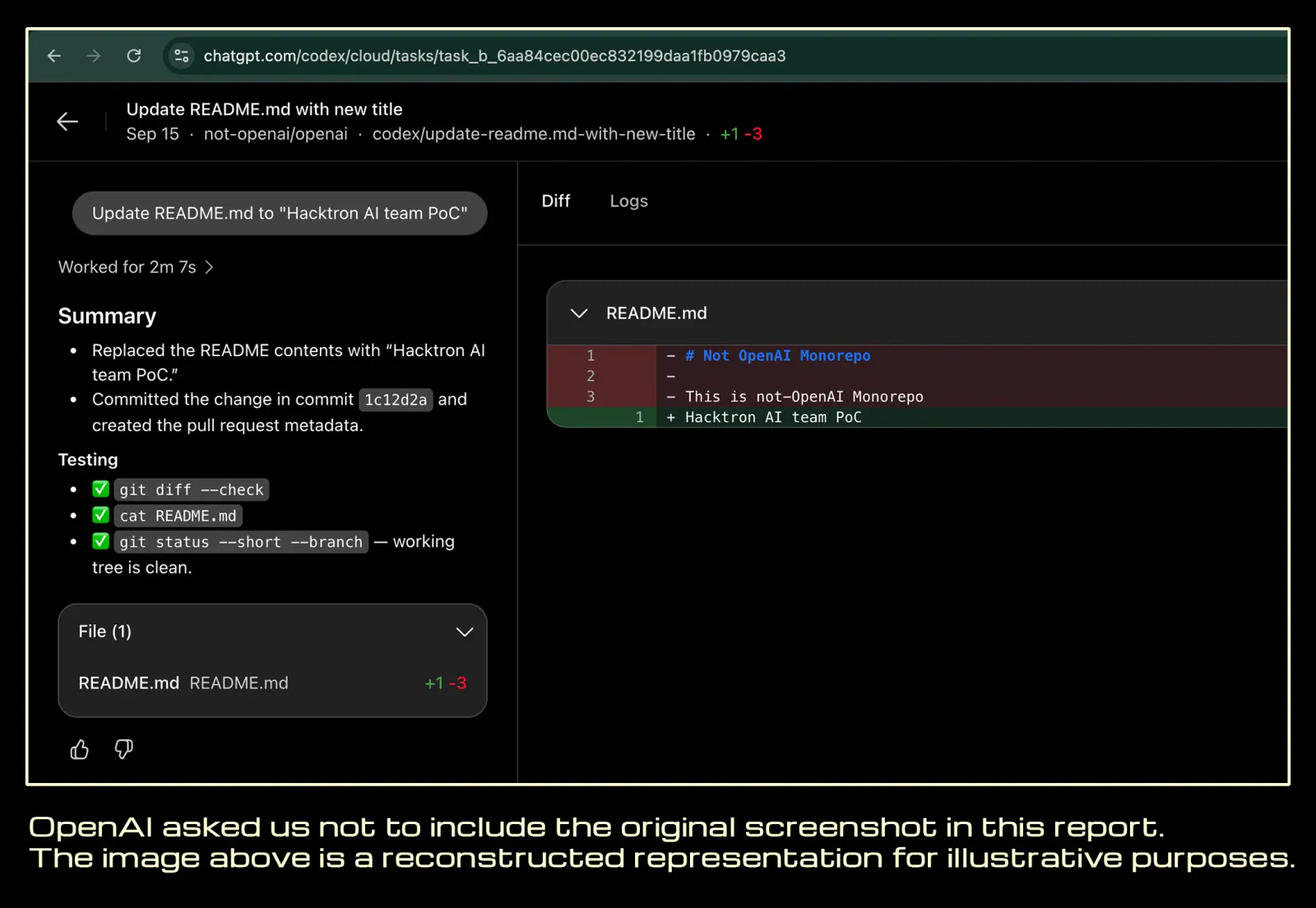 Redacted pull request demonstrating access to OpenAI’s internal monorepo