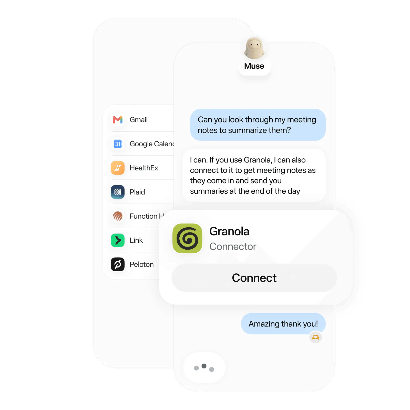 Muse connecting Gmail alongside a list of available connectors and a conversation