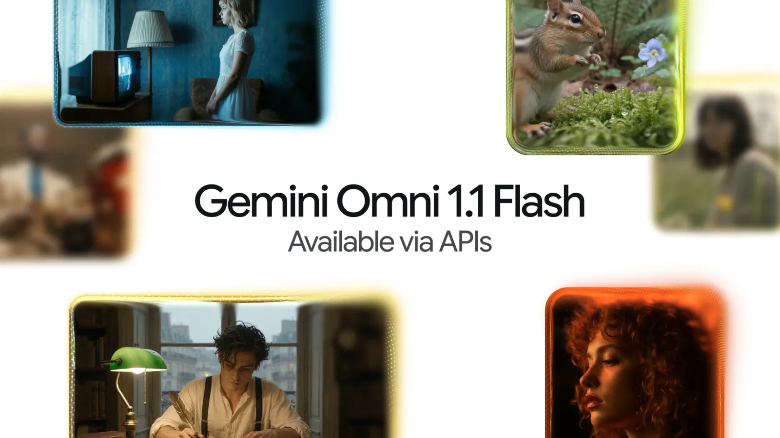 Text "Gemini Omni 1.1 Flash Available via APIs" surrounded by various images of people and a squirrel