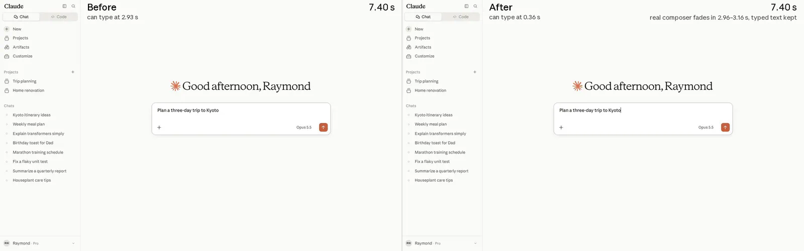 Side-by-side recording of a fresh load of claude.ai. Before, the page stays blank and the composer takes input at 2.93 seconds. After, a static greeting and composer take input at 0.36 seconds; the user types a message, and the text is kept when the real composer fades in at about 3 seconds.
