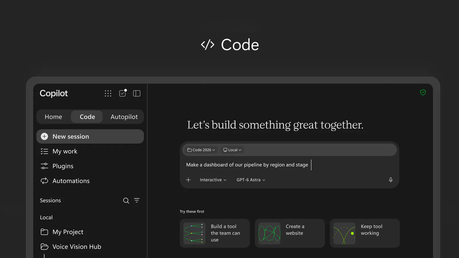 Black image with Code at top showing new feature in Copilot.
