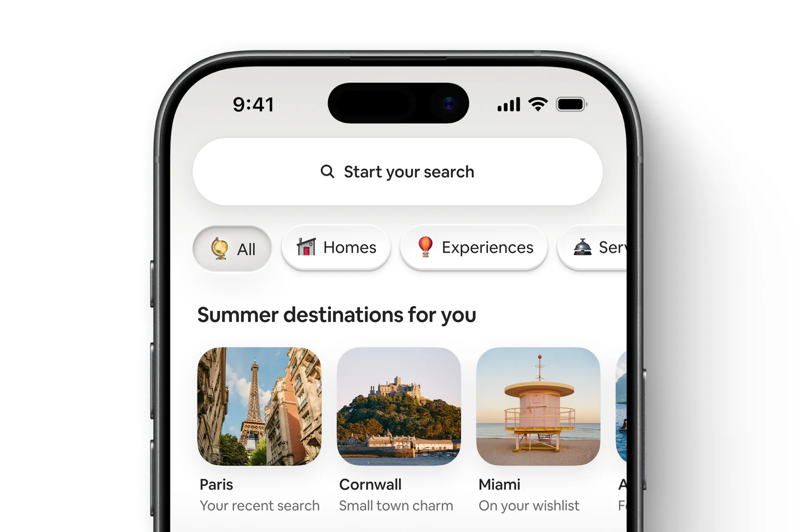 Airbnb app on phone with search bar; tabs for All, Homes, Experiences, and Services; and Summer destinations for you with Paris, Cornwall, and Miami