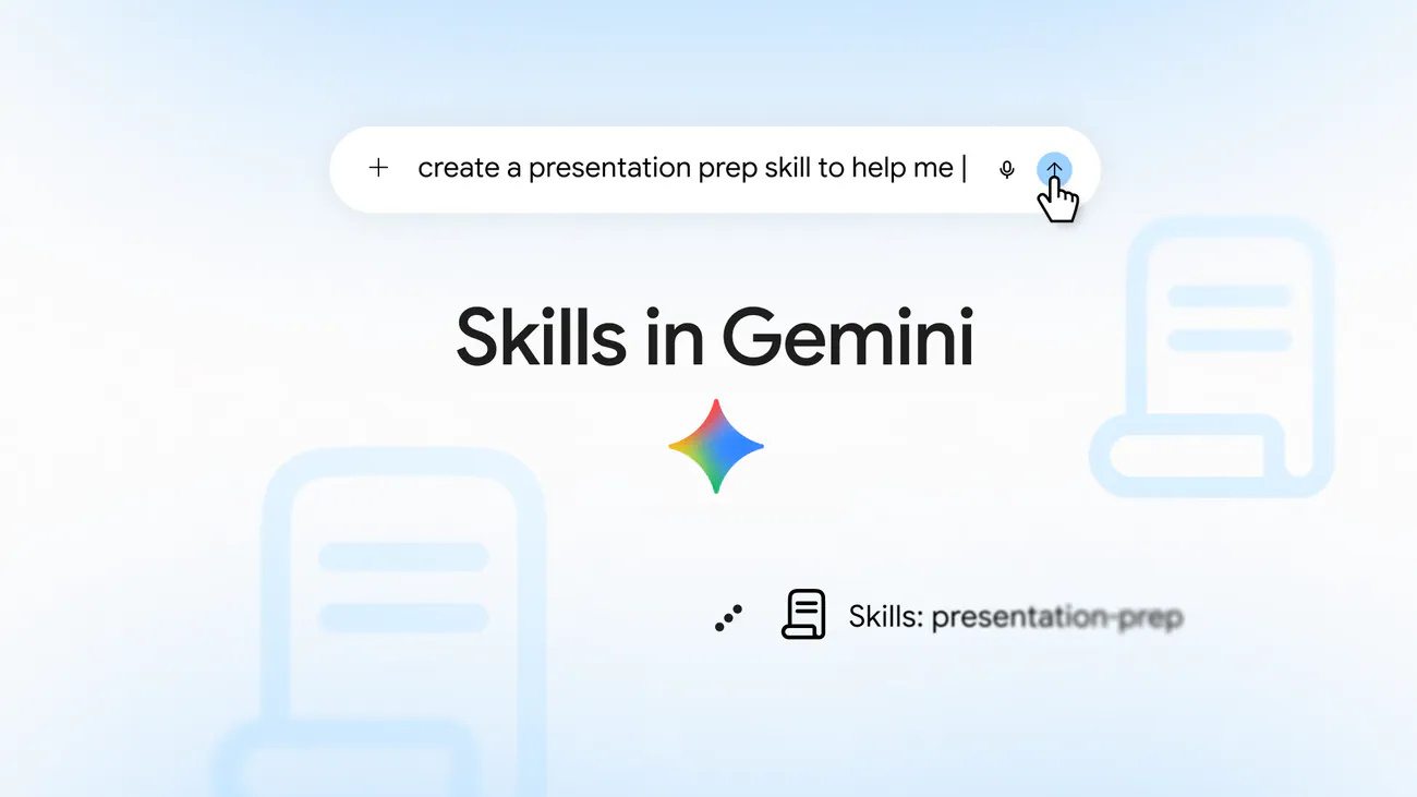 Gemini prompt bar showing the / skill picker and two selected skills, such as writing style and brand guidelines, in one prompt.