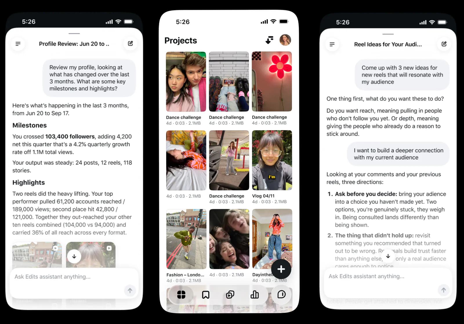 An Edits assistant interface showing a creator question answered using follows, views, video retention, likes or shares.