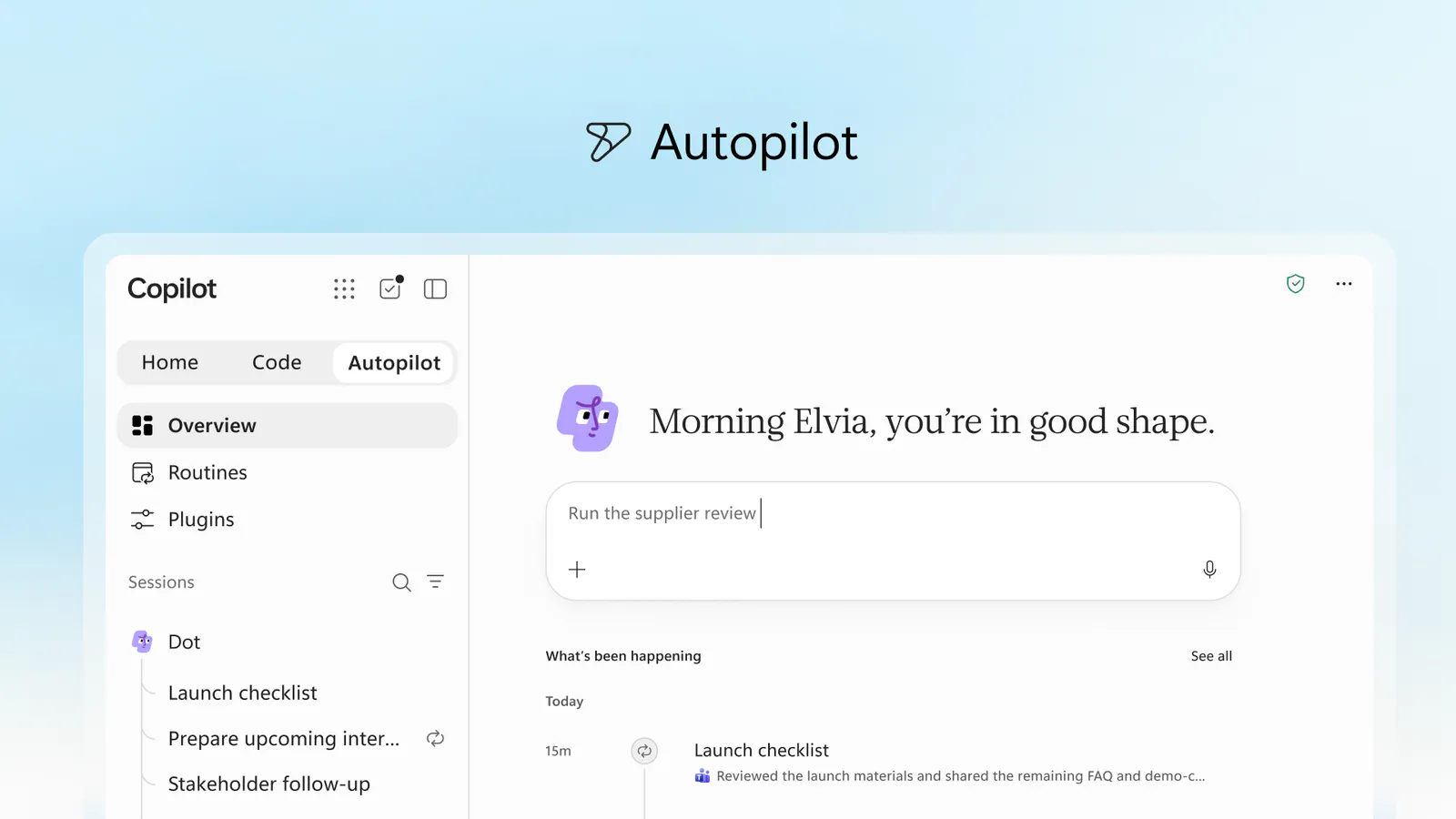 Blue and white image of Copilot screen with Autopilot at the top.