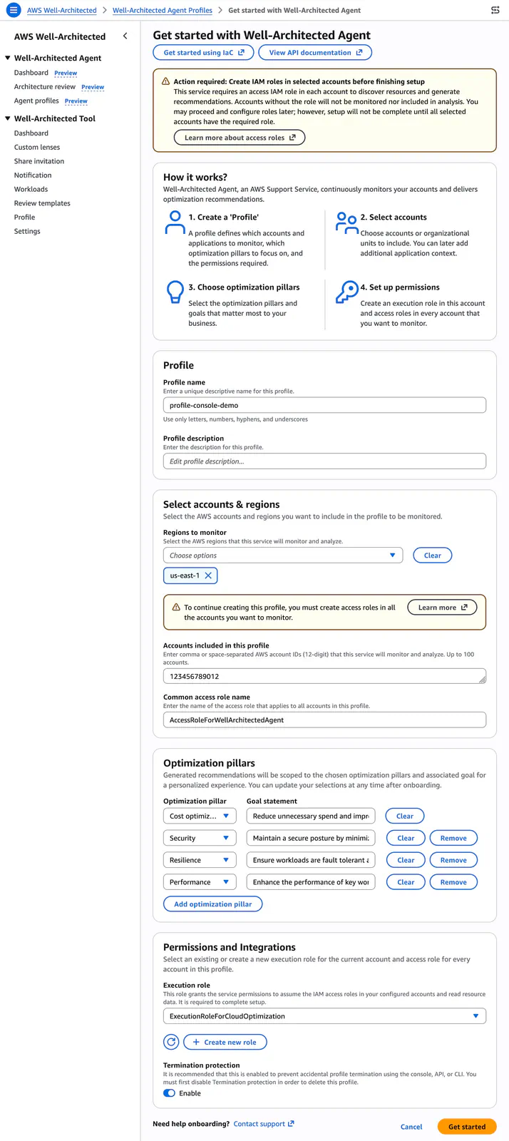 Show agent goal configuration for cost optimization, performance, resilience, and security, with impact and effort indicators in the prioritized recommendation queue.