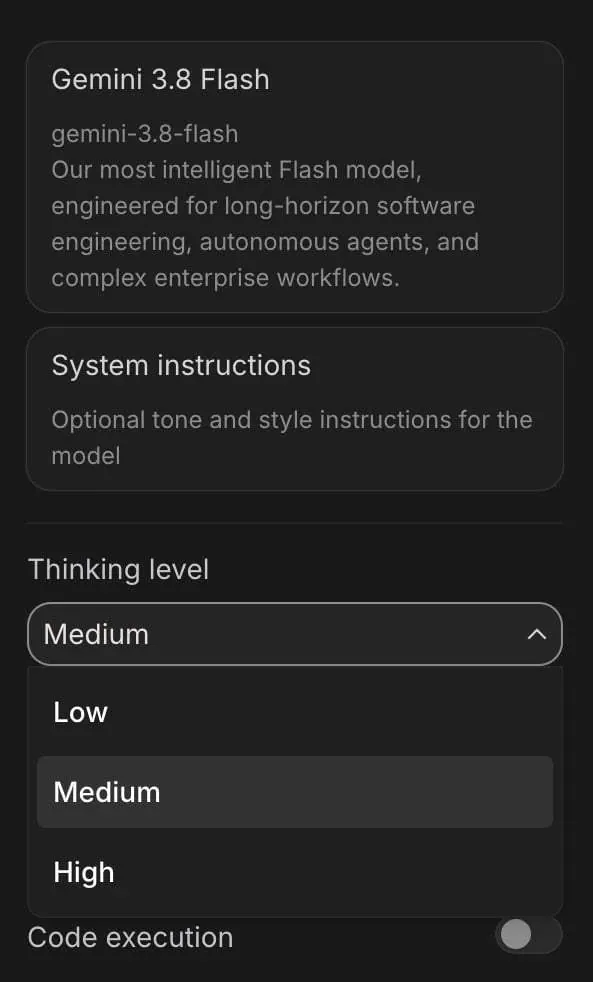 Gemini model-selector UI showing the low, medium, and high reasoning-effort settings and the Deep Think option.