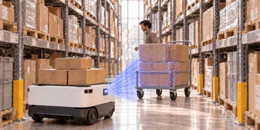 A loaded mobile robot approaches a person stepping out from behind a cart into its path.