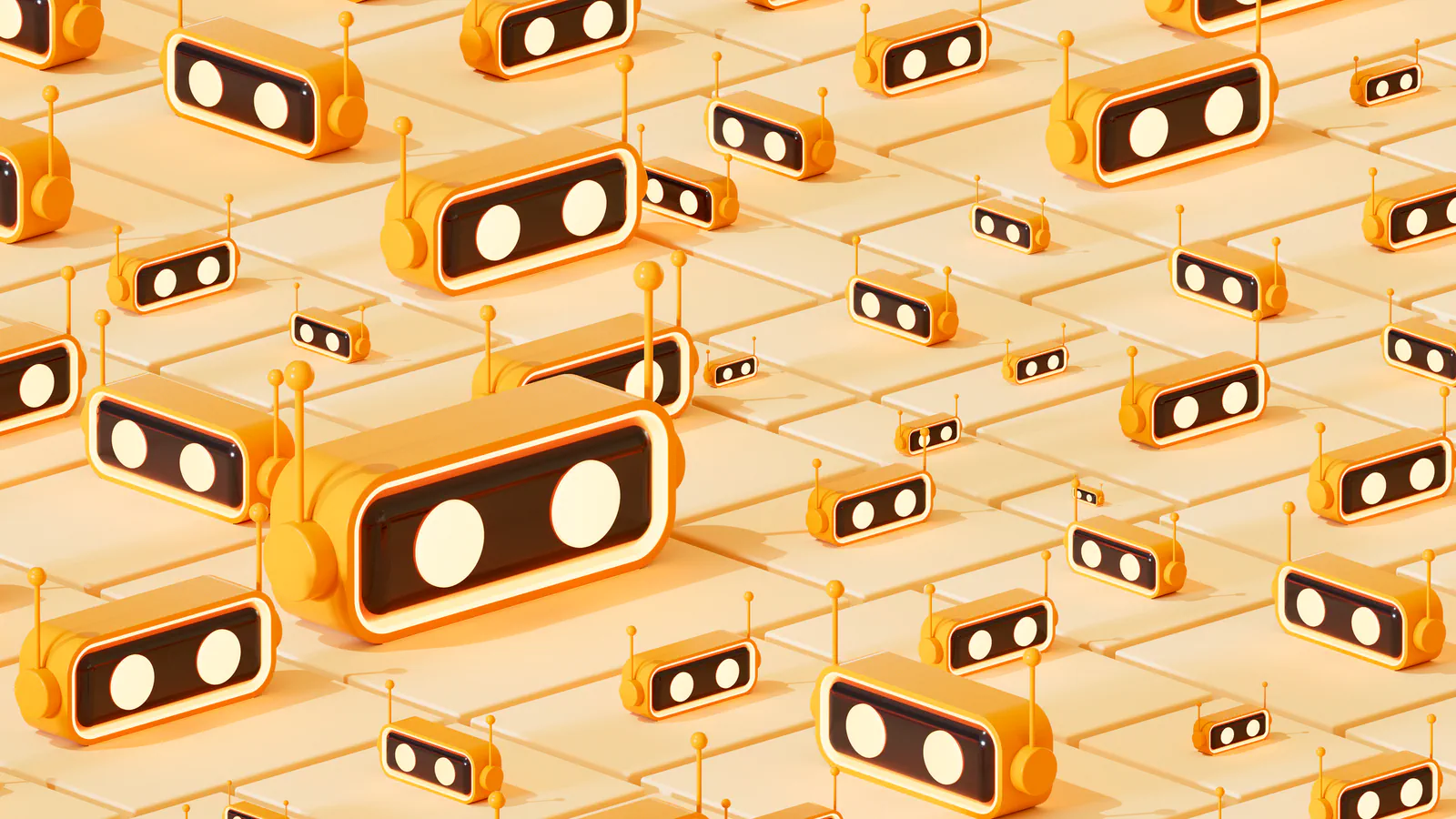 A digitally generated image showing several AI chatbot assistants standing on a segmented or sliced floor surface, symbolizing the distributed and modular nature of artificial intelligence systems. This futuristic and conceptual design reflects the scalability, communication, and parallel functional