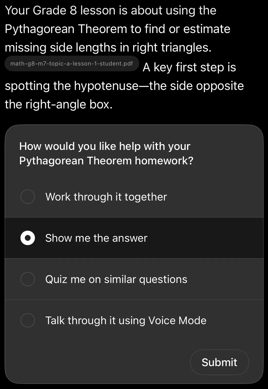 Show me the answer pop-up box on ChatGPT for Teens' Study Mode