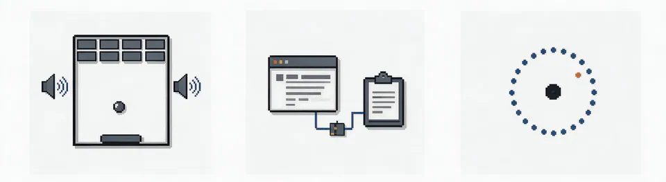 Illustrations of the DX-Ball sound-pan, Notion clipboard-bridge, and TH04 bullet-ring showcases