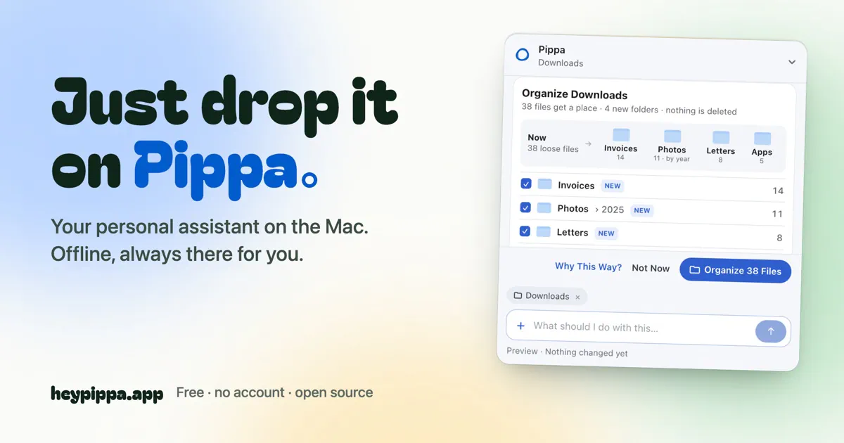 âJust drop it on Pippa.â Next to it, Pippaâs window with the preview âOrganize Downloadsâ: 38 files go into Invoices, Photos, Letters and Apps, nothing changed yet.