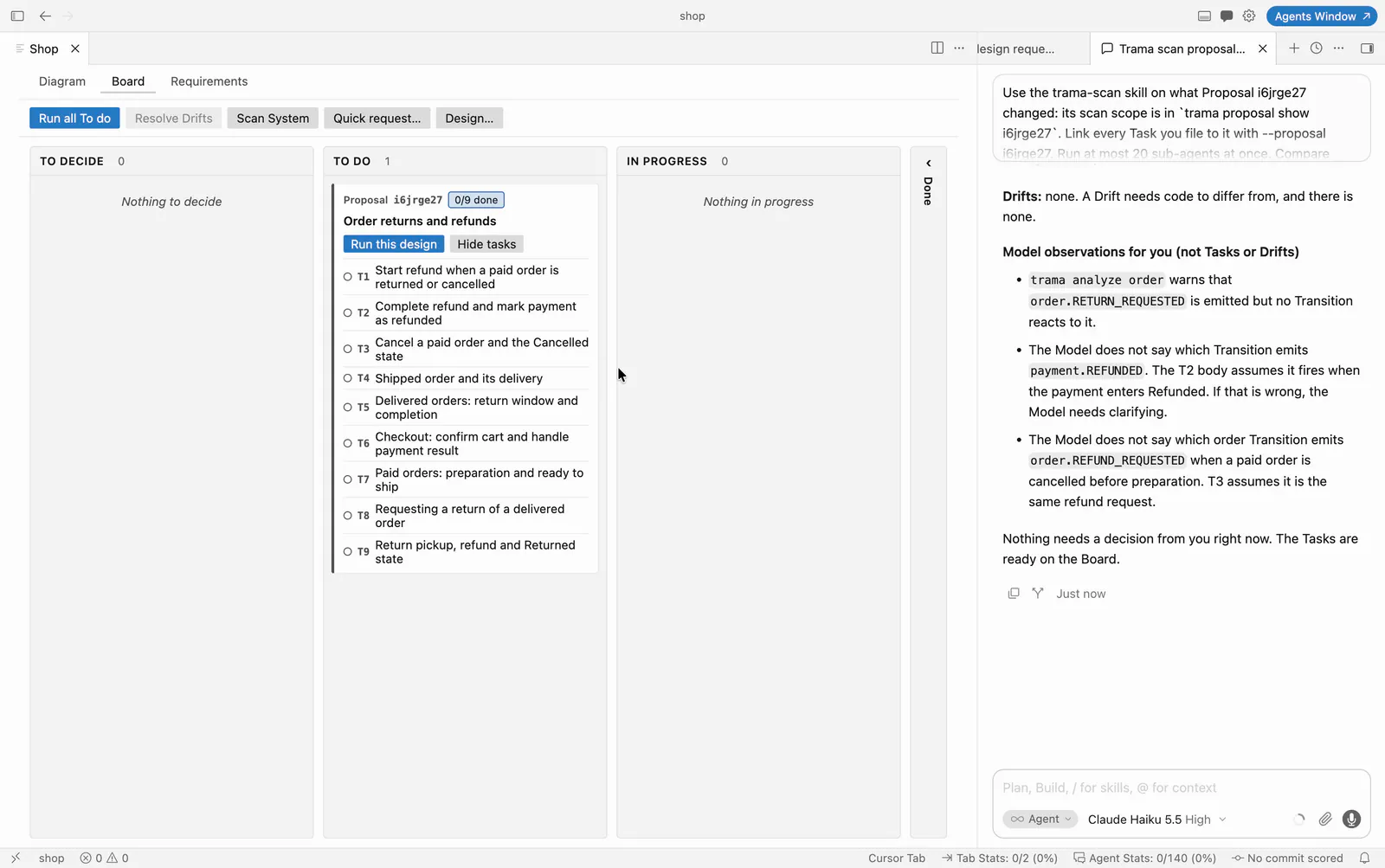Nine Tasks grouped under the returns design
