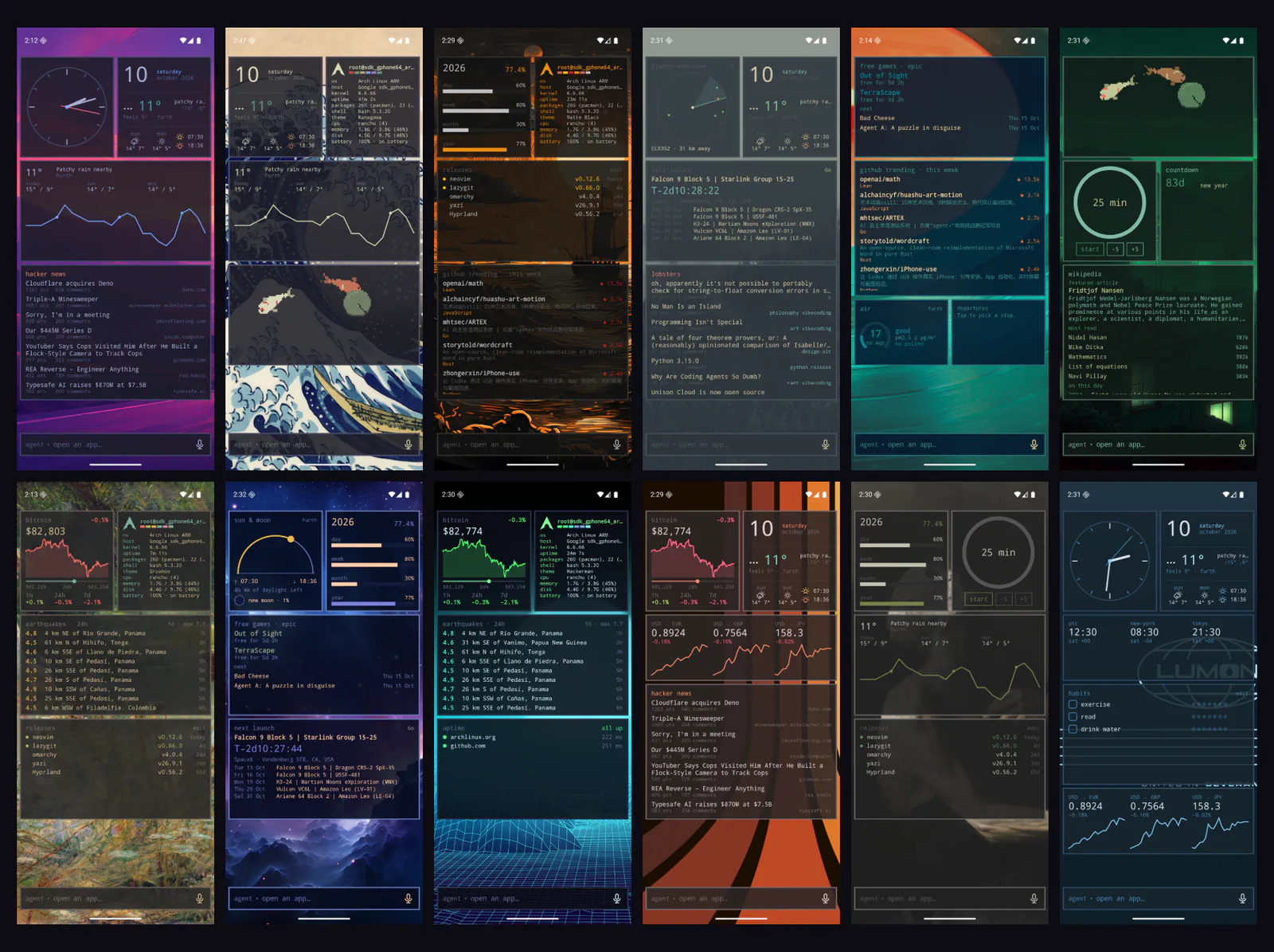 The home screen in twelve Omarchy themes, each with different widgets
