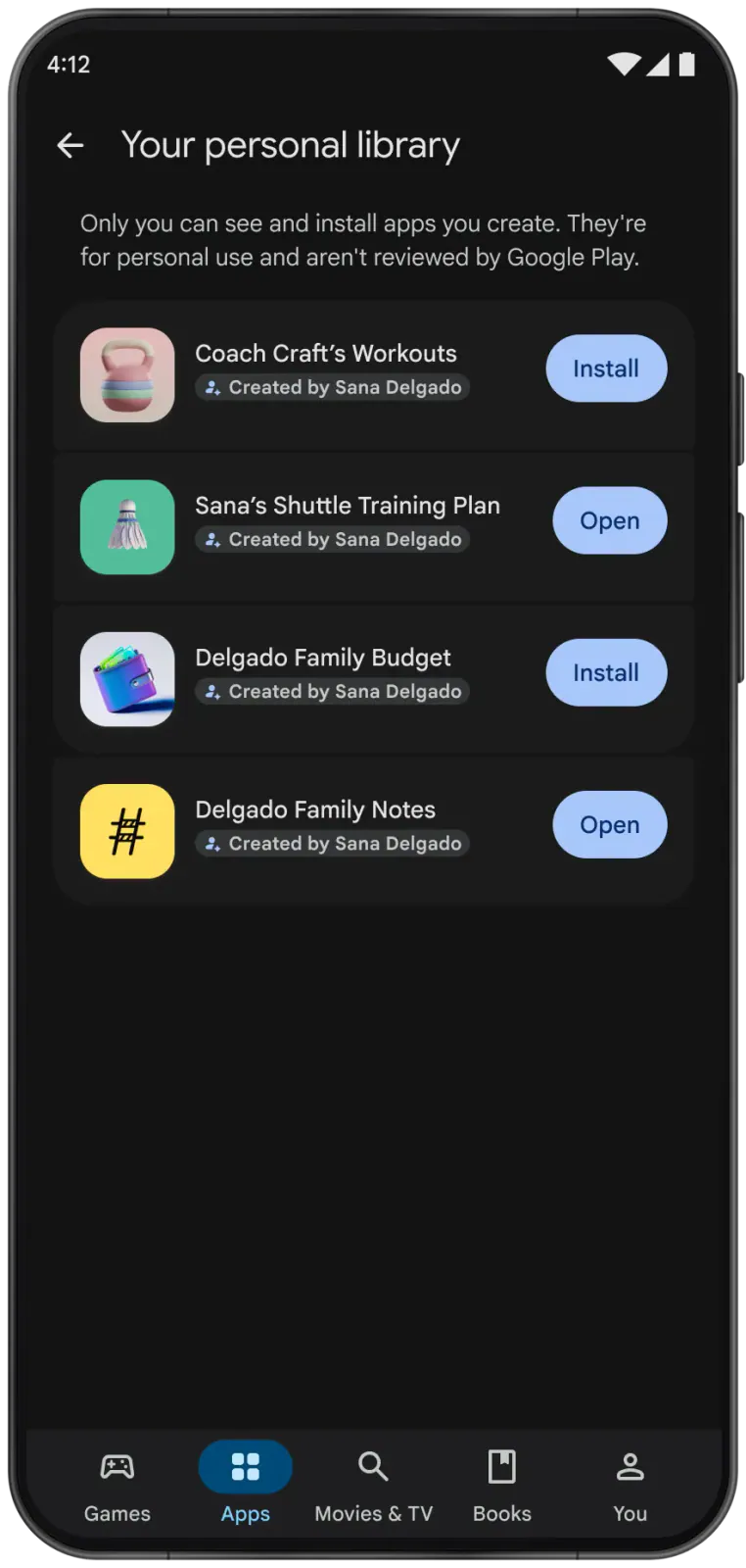 A user running a custom vibe-coded rec-league app on their Android phone via Google Play integration