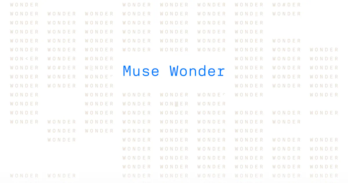 Blue Muse Wonder title over a pale repeating pattern of the word Wonder.