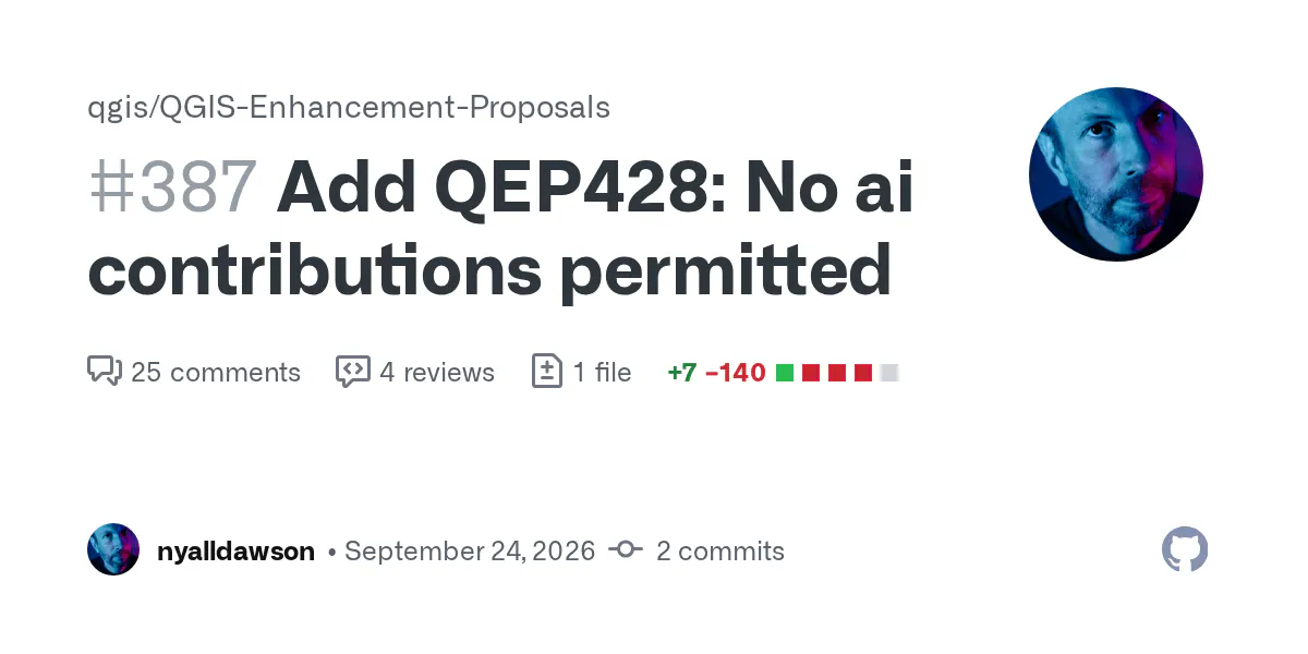 Followup discussion at https://lists.osgeo.org/pipermail/qgis-developer/2026-September/068576.html. This formally changes the AI policy to a strict "NOT ALLOWED" policy.