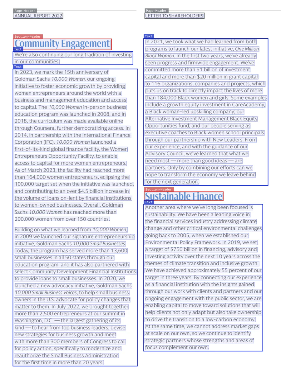 The indra-ocr-viewer interface displaying a document page with line bounding boxes, labeled layout blocks, and reading-order overlays.