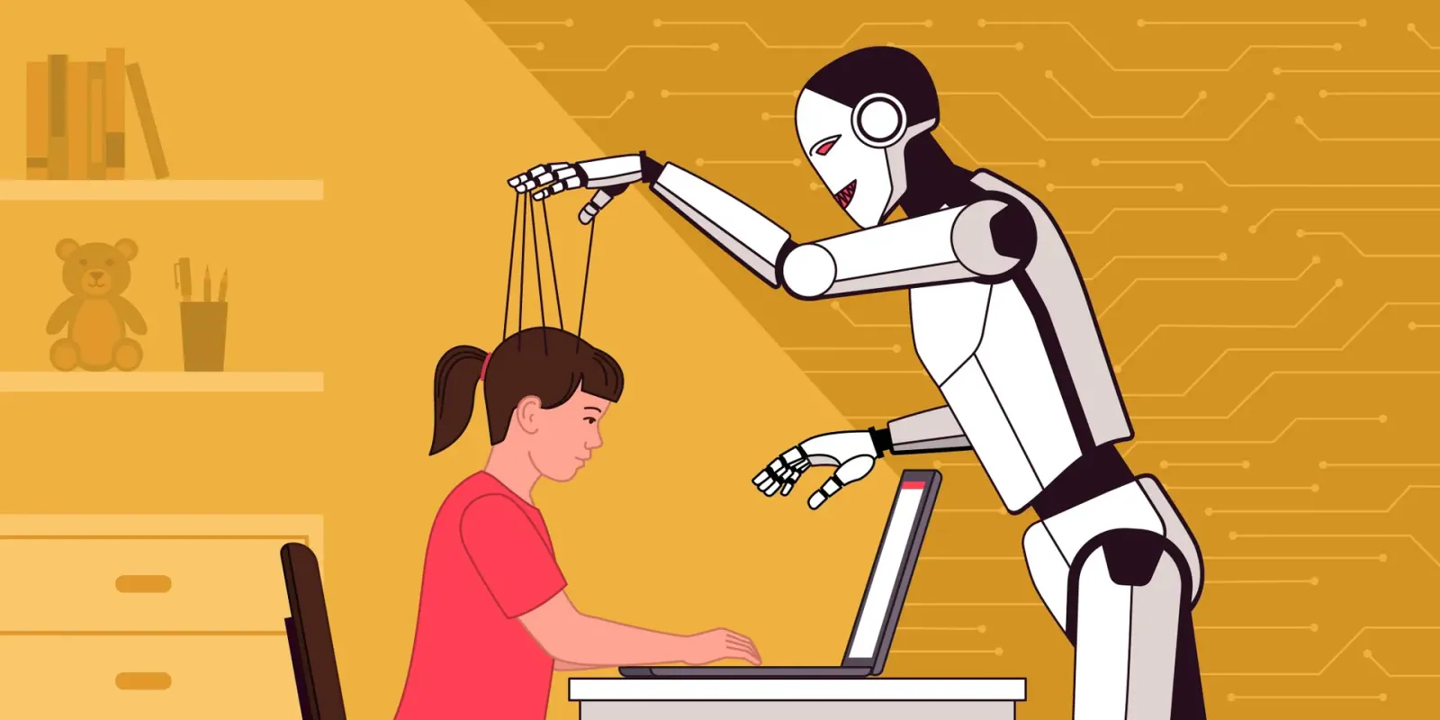 A robot working a person at a laptop like a puppet on strings
