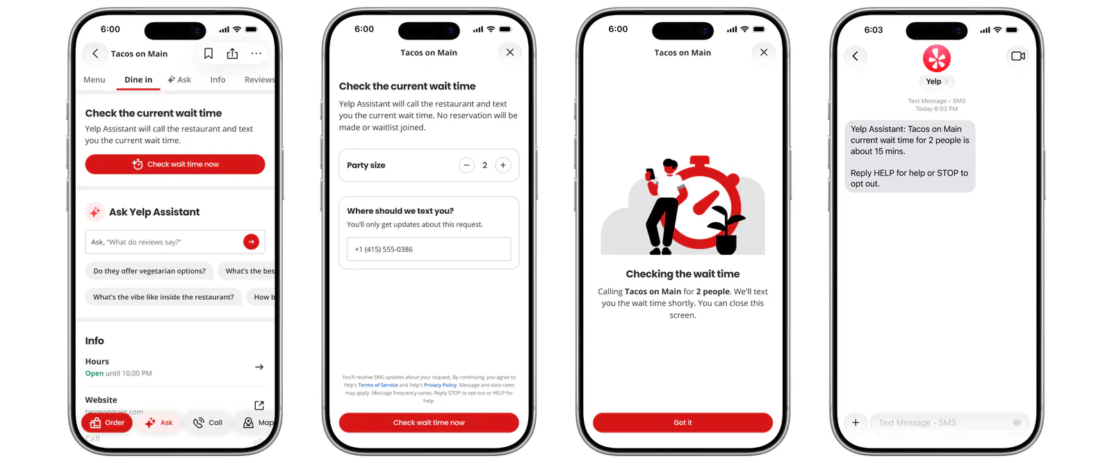 A sequence of four mobile screens showing how a user can use Check for Me from the eligible restaurant’s business page, enters party size and phone number for Tacos on Main, triggers Check for Me to call the business, and receives an SMS update with the wait time.