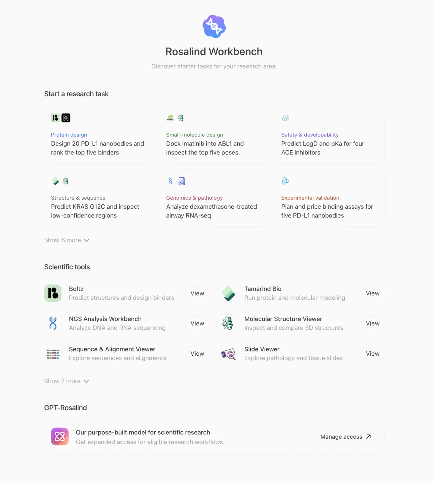 Rosalind Workbench showing research jobs, scientific tools, and GPT-Rosalind access.