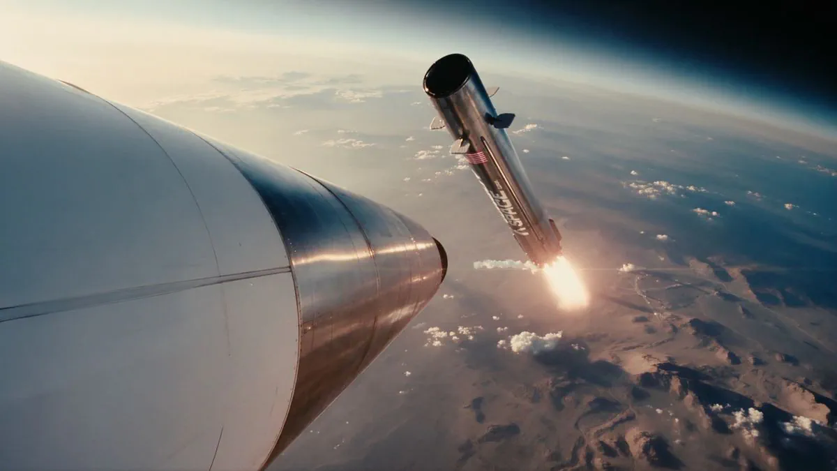 Artist's illustration of the two stages of Cowboy Space's newly announced Big Iron rocket separating in flight.