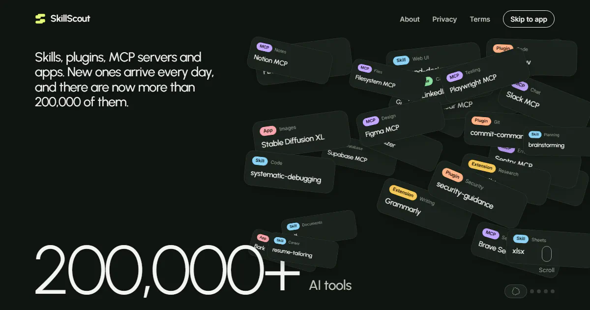 SkillScout home page: a pile of AI tool cards beside the line 200,000+ AI tools