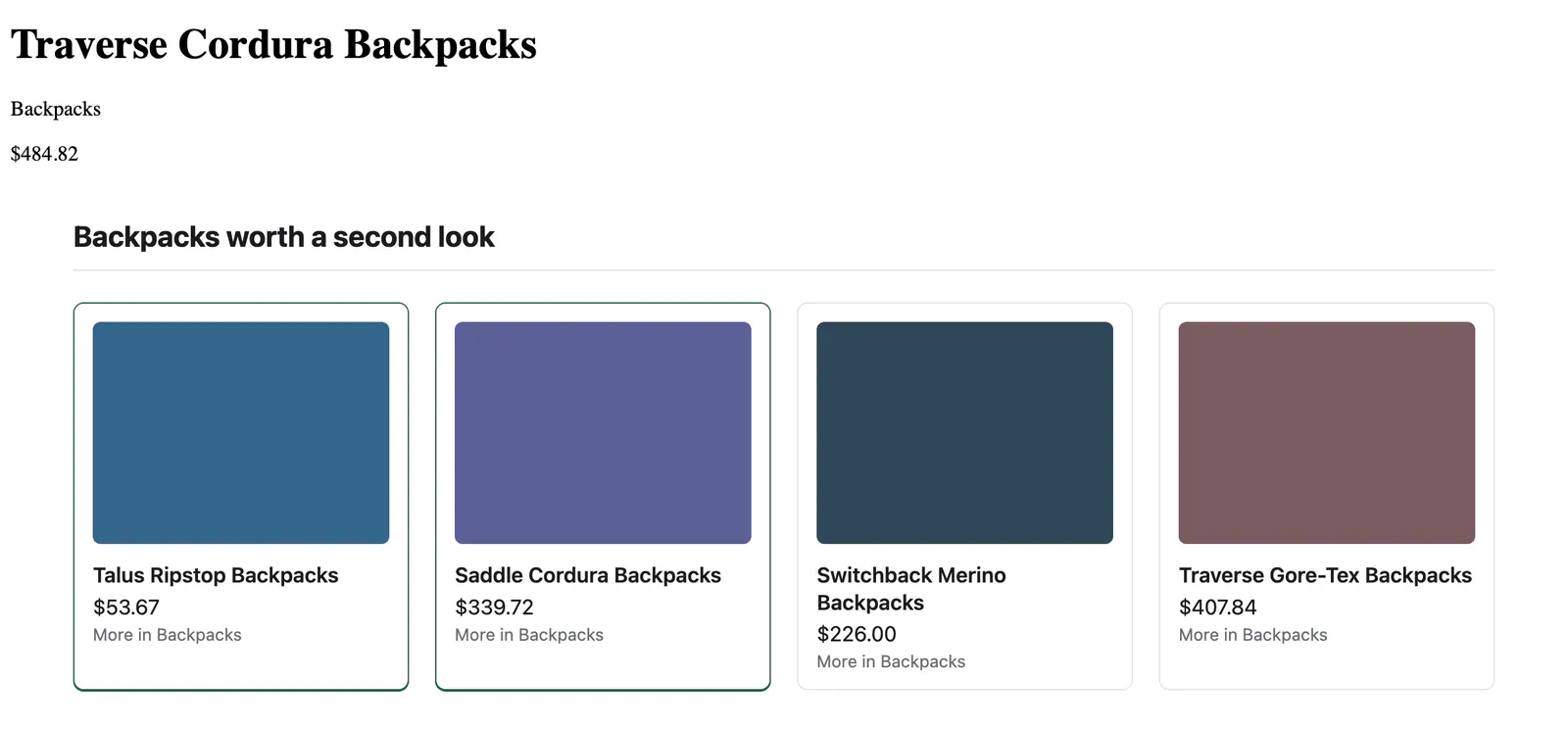 The example shop's product page. The heading and the highlighting are the model's. The products, their order and the line under each are core's picks, and every title, price and image is the shop's.