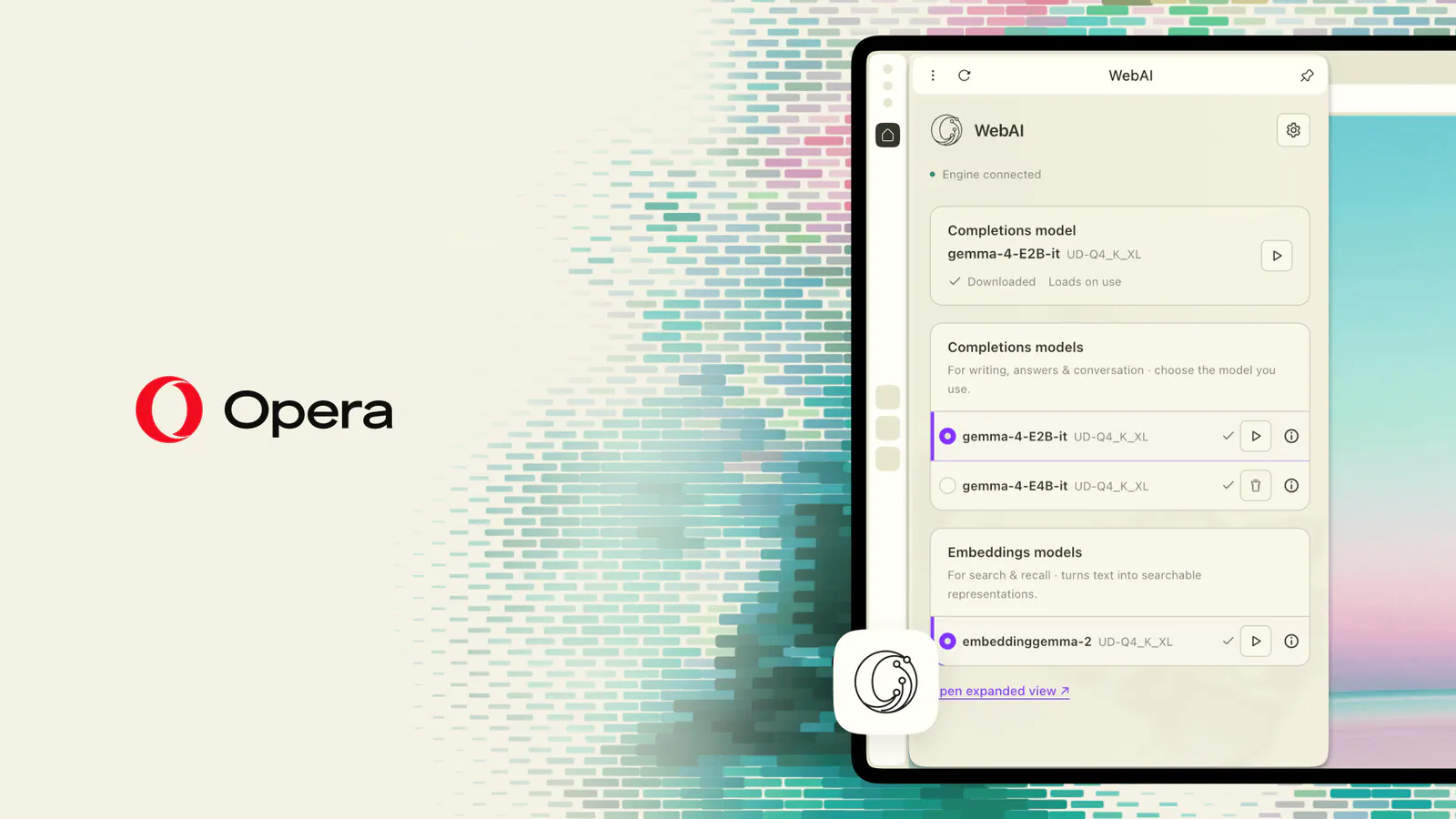 The WebAI panel in Opera showing the downloaded completions and embeddings models